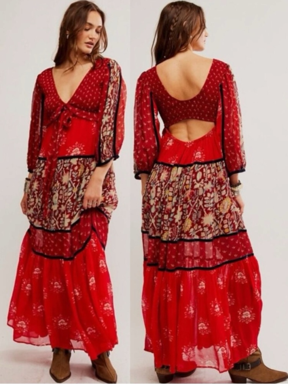 Free People Bohemian Gypsy Witchy Bali Laurel Maxi Dress Patchwork 70s Small